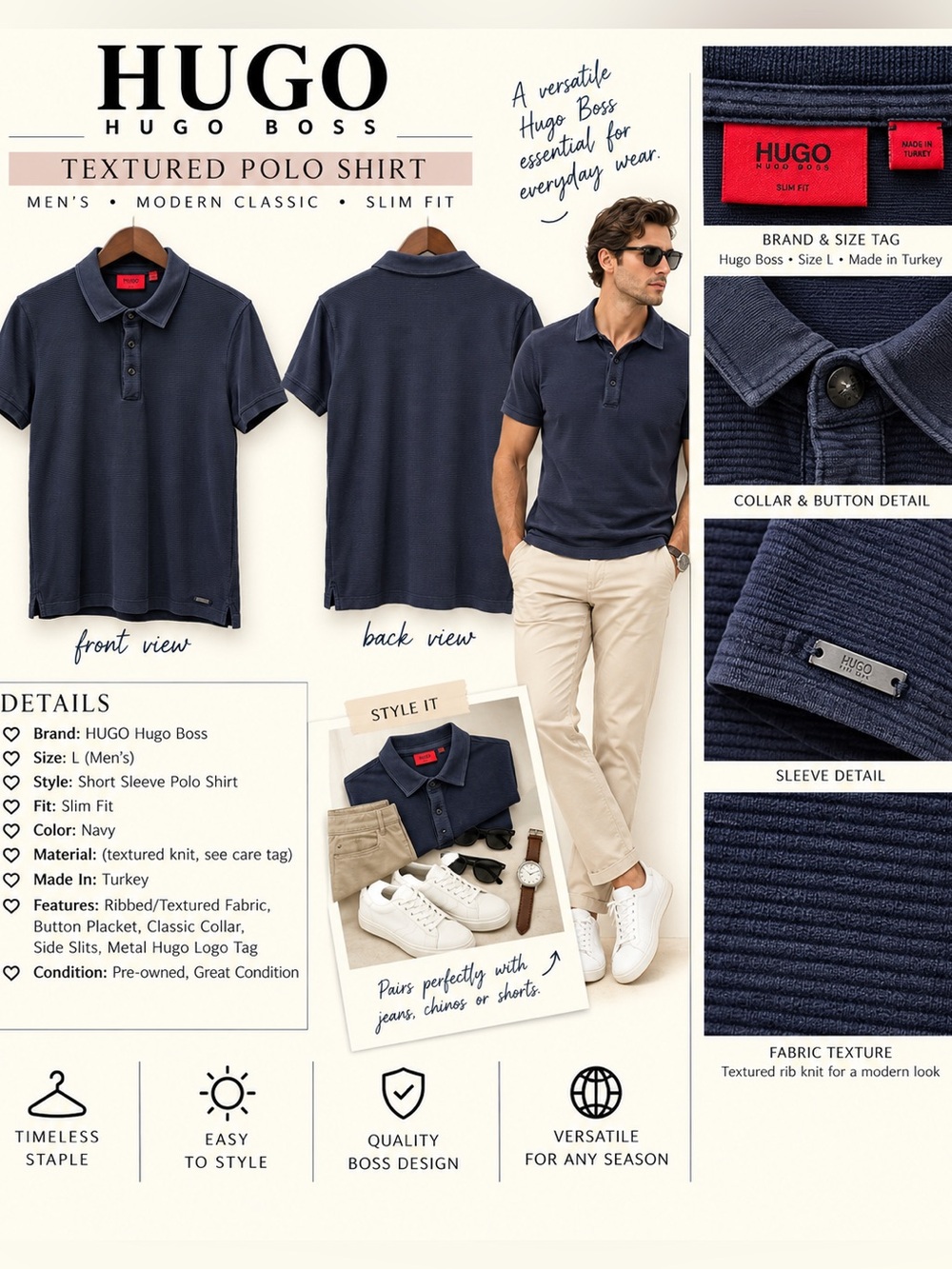 HUGO Navy Textured Short-Sleeve Polo